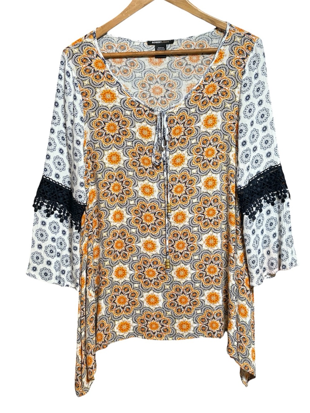 Robert Louis Boho White Tunic with Orange Floral Medallions and Black Lace M